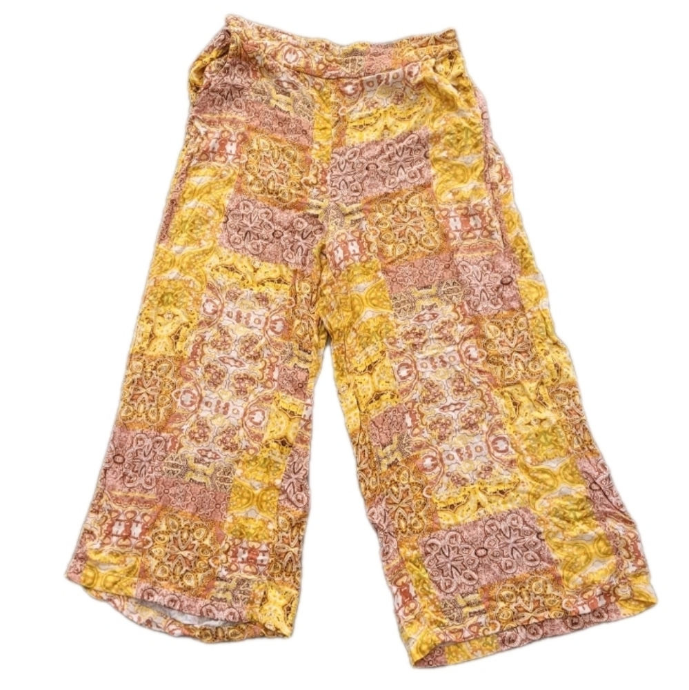 patchwork print wide leg smocked waist pull on pants gold boho Festival Hippie M